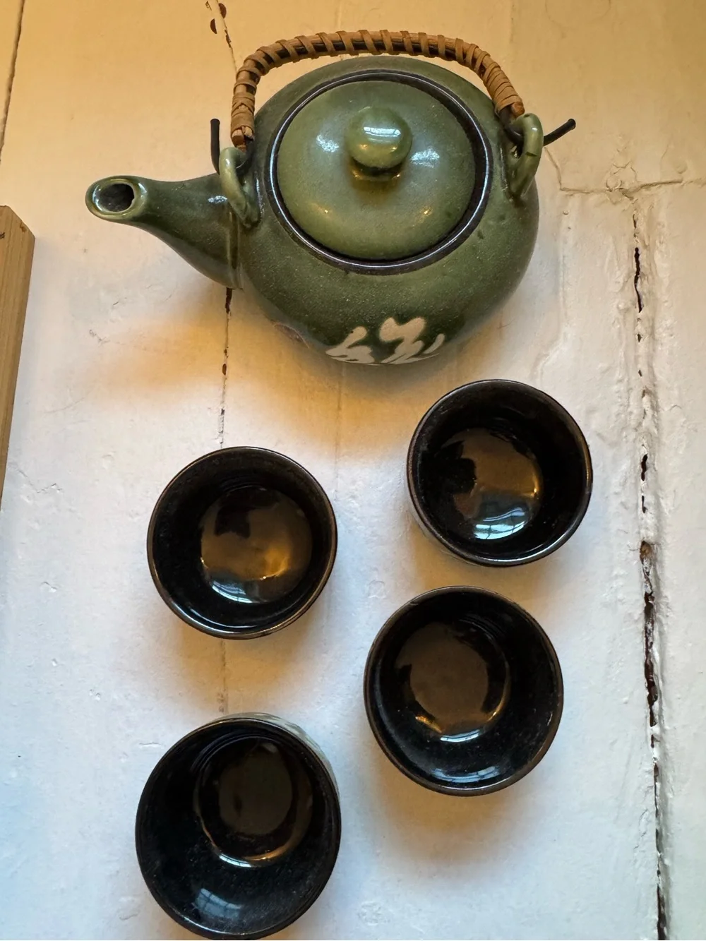 Green Ceramic Teapot and Cup Set with Woven Handle